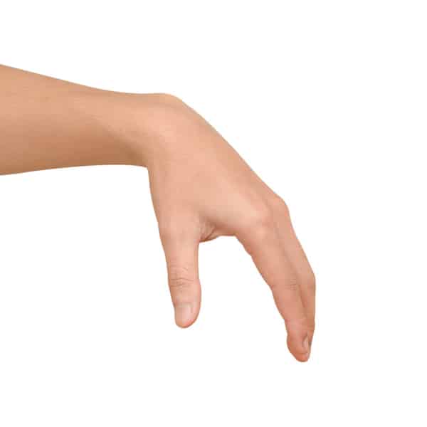 Close-up of a beautiful hand gesturing to pick up or hold a small, invisible object. Isolated on a white background.